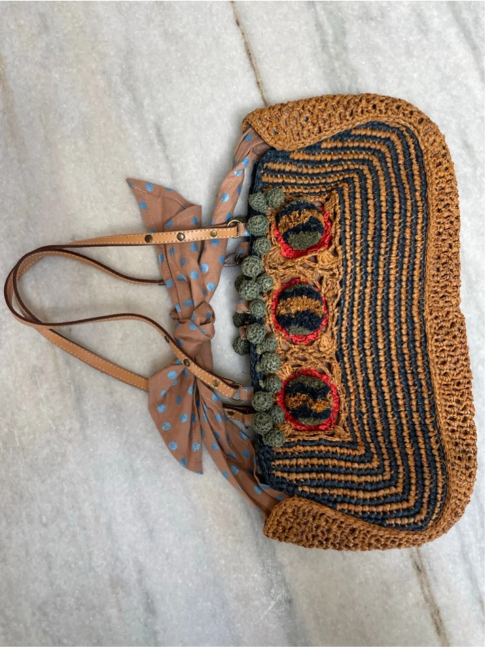Sans-Arcidet Paris Raffia Straw Tote Bag Boho Crochet Pom Pom Beach